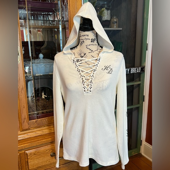 Harley-Davidson® Willie G Skull Ivory Laced Waffle Knit Henley Hoodie -L 💀 - Picture 2 of 14